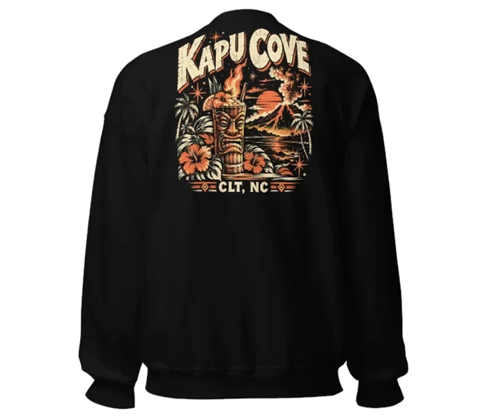 Kapu Cove crewneck: flaming tiki mug back print