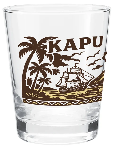 Limited First Edition Kapu Cove Mai Tai Glass, two-color screen print of a ship, volcano and tiki torch