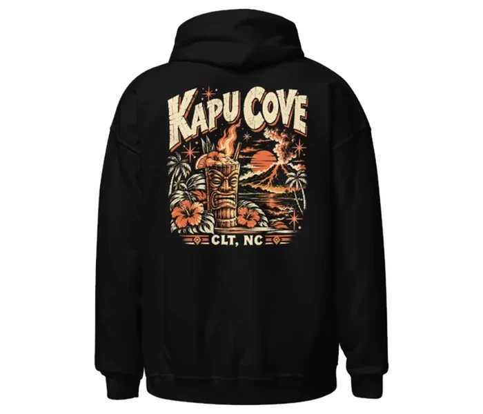 Kapu Cove hoodie: flaming tiki mug back print