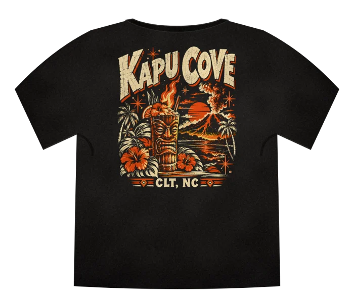 Tee back: flaming tiki mug with Kapu Cove, CLT, NC